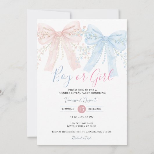 Roze & Blauwe Strik Waterverf Reveal Feest Kaart (Voorkant)