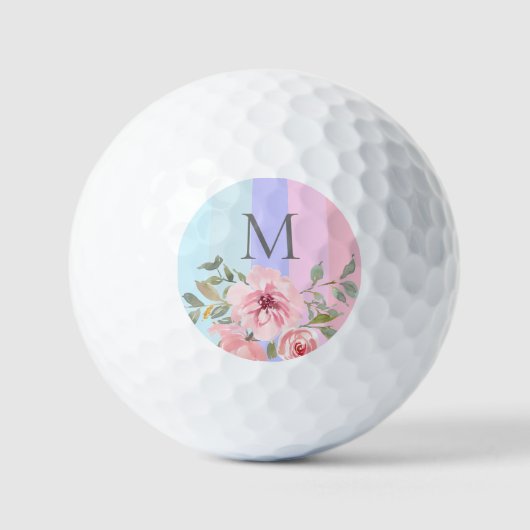 roze blauwe stripmonogram Floral Golfballen (Voorkant)