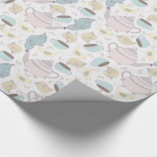 Roze blauwe Teapots TeaCups vogels op wit Cadeaupapier (Hoek)