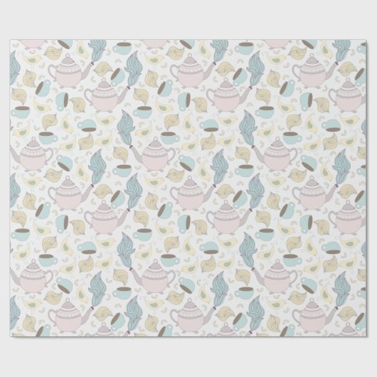 Roze blauwe Teapots TeaCups vogels op wit Cadeaupapier (Vlak)