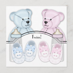 Roze blauwe Teddy Bear Twin Baby Shower Invitaties Kaart