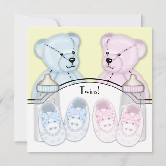 Roze Blauwe Teddybeer Twin Baby shower Kaart (Voorkant)