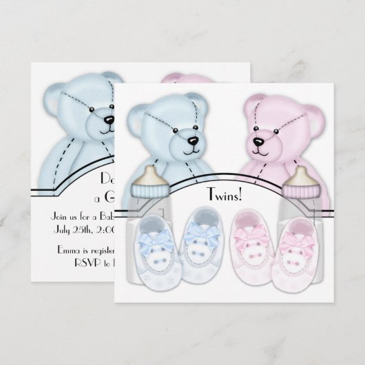 Roze Blauwe Teddybeer Twin Baby Shower Uitnodiging (Voorkant / Achterkant)