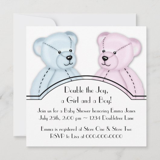 Roze Blauwe Teddybeer Twin Baby Shower Uitnodiging (Achterkant)