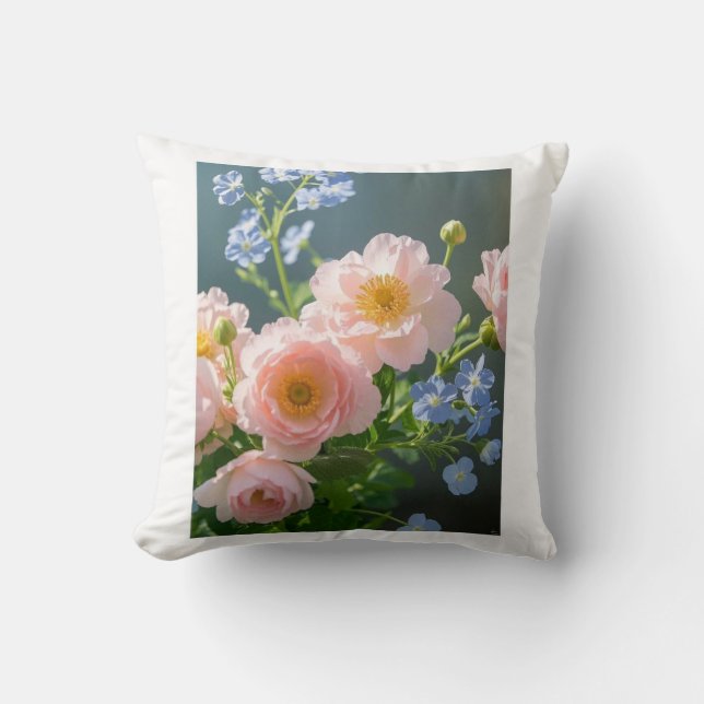 Roze Blauwe tere bloemen Kussen (Voorkant)