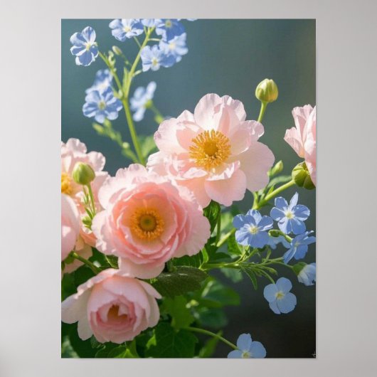 Roze Blauwe tere bloemen Poster (Voorkant)