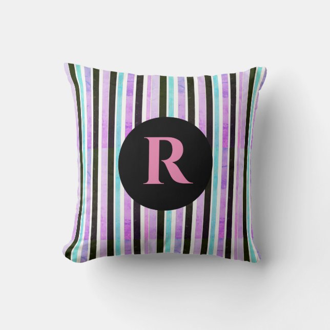 Roze Blauwe Textuur Strepen Patroon Monogram Kussen (Voorkant)