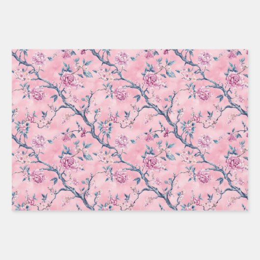 Roze Blauwe Toile Chinoiserie Bloemen Verjaardag H Inpakpapier Vel (Voorkant 3)