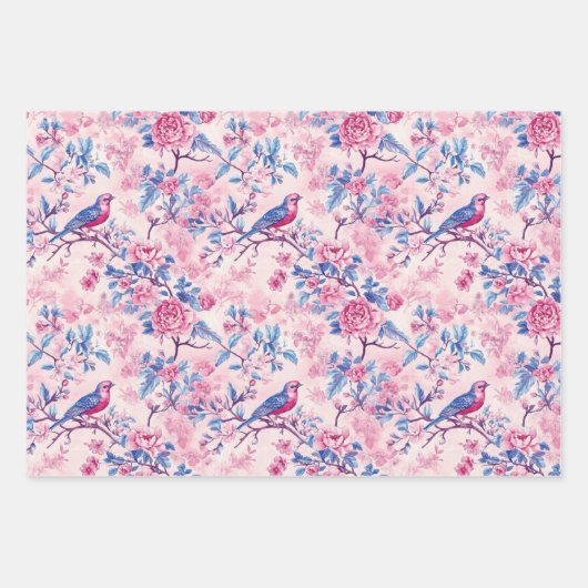 Roze Blauwe Toile Chinoiserie Bloemen Verjaardag H Inpakpapier Vel (Voorkant 2)