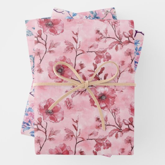 Roze Blauwe Toile Chinoiserie Bloemen Verjaardag H Inpakpapier Vel (In situ)