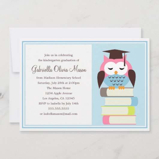 Roze/Blauwe Uil Graduation Party Uitnodiging (Voorkant)