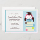 Roze/Blauwe Uil Graduation Party Uitnodiging (Voorkant / Achterkant)