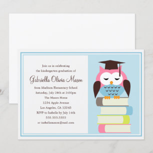 Roze/Blauwe Uil Graduation Party Uitnodiging