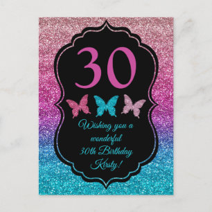 Roze & Blauwe Verlopende Glitter & Vlinder Verjaar Briefkaart