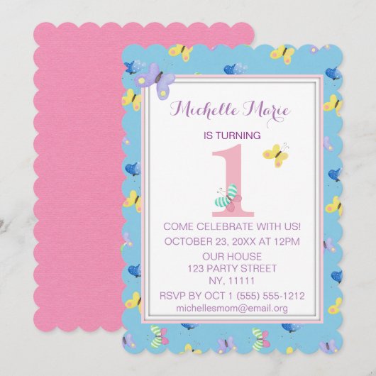 Roze blauwe vlinder eerste verjaardag kaart (Voorkant / Achterkant)