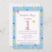 Roze blauwe vlinder eerste verjaardag kaart (Voorkant)