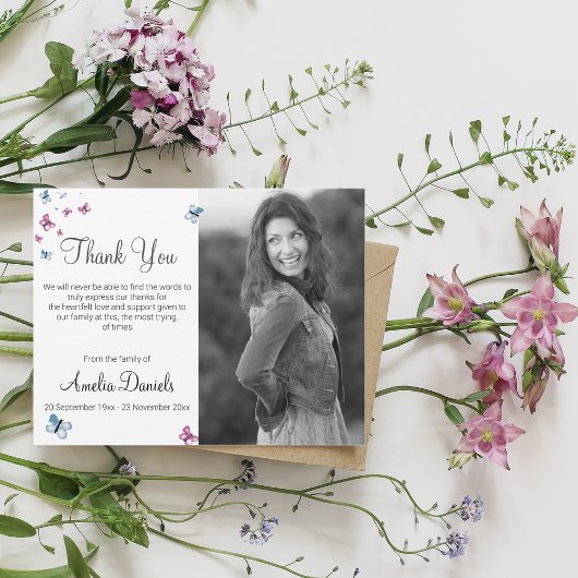 Roze Blauwe Vlinder Foto In Geheugen Dank u Kaart