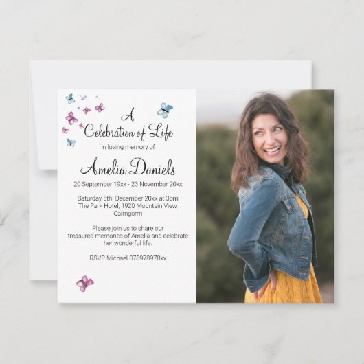 Roze Blauwe Vlinder Foto in Liefdevolle Memory Kaa Kaart (Voorkant)