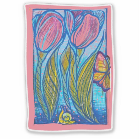Roze Blauwe Vlinder Slak Tulpen Spring Garden Sticker (Voorkant)
