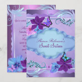 Roze & Blauwe Vlinder Tuin Sweet 16 Uitnodiging (Voorkant / Achterkant)