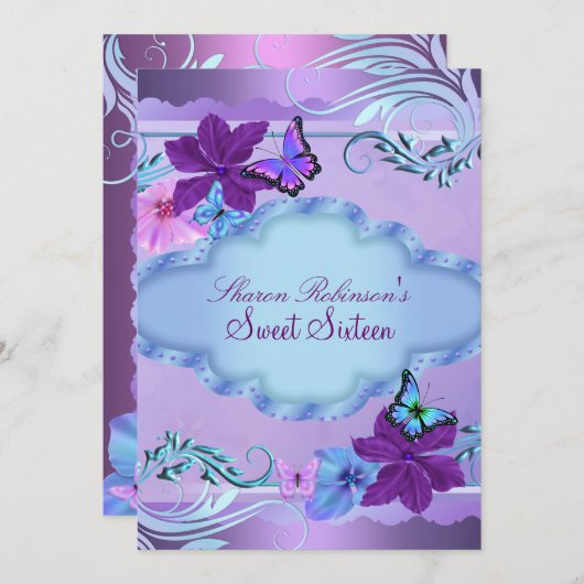 Roze & Blauwe Vlinder Tuin Sweet 16 Uitnodiging (Voorkant / Achterkant)