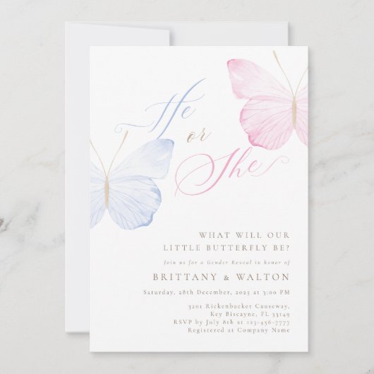 Roze Blauwe Vlinders Geslacht Reveal Party Kaart (Voorkant)