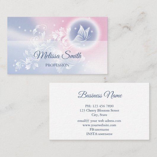 Roze blauwe vlindervlinder visitekaartje (Voorkant / Achterkant)