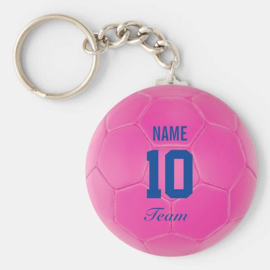Roze blauwe Voetbal van het Team Gepersonaliseerde Sleutelhanger (Voorkant)