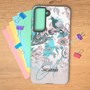 Roze Blauwe Vogel en Bloempatroon Aangepaste Monog Samsung Galaxy Hoesje