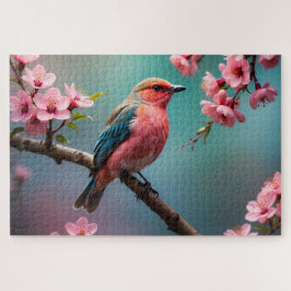Roze Blauwe Vogel met Kersenbloesems Legpuzzel