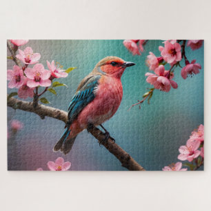 Roze Blauwe Vogel met Kersenbloesems Legpuzzel