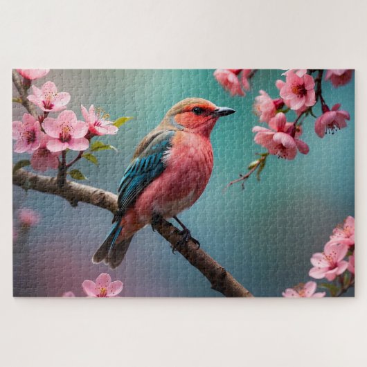 Roze Blauwe Vogel met Kersenbloesems Legpuzzel (Horizontaal)