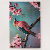 Roze Blauwe Vogel met Kersenbloesems Legpuzzel (Verticaal)