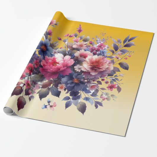 Roze Blauwe Waterverf Abstract Bloemen Goud Cadeaupapier (Uitgerold)