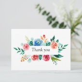 Roze Blauwe Waterverf Bloemen Groen Bruiloft Bedankkaart (Staand voorkant)