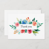 Roze Blauwe Waterverf Bloemen Groen Bruiloft Bedankkaart (Voorkant / Achterkant)