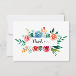 Roze Blauwe Waterverf Bloemen Groen Bruiloft Bedankkaart