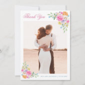 Roze & Blauwe Waterverf Bloemen Romantische Bruilo Bedankkaart (Voorkant)