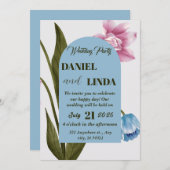 Roze, blauwe waterverf bloemenbruiloft, groene bla kaart (Voorkant / Achterkant)