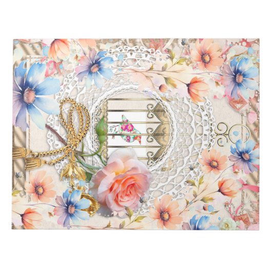 Roze Blauwe Waterverf Bloemenkooi Elegante Kant Ka Notitieblok (Voorkant)