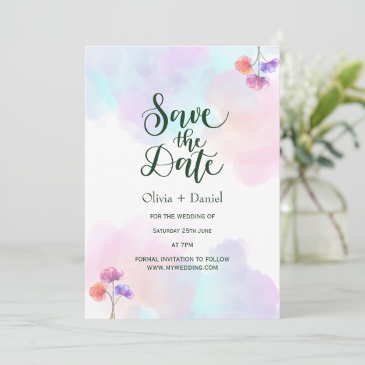 Roze Blauwe Waterverf bruiloft Save the Date Kaart (Staand voorkant)