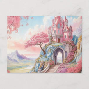 Roze Blauwe Waterverf Fantasy Castle Briefkaart