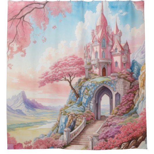 Roze Blauwe Waterverf Fantasy Castle Douchegordijn (Voorkant)