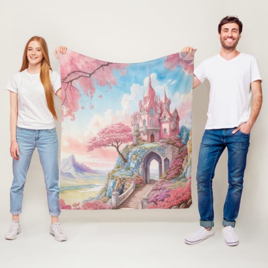 Roze Blauwe Waterverf Fantasy Castle Fleece Deken (In situ)