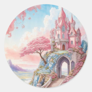 Roze Blauwe Waterverf Fantasy Castle Ronde Sticker
