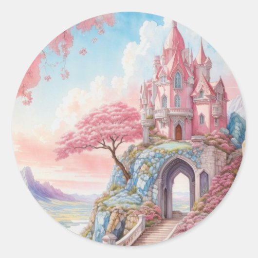 Roze Blauwe Waterverf Fantasy Castle Ronde Sticker (Voorkant)