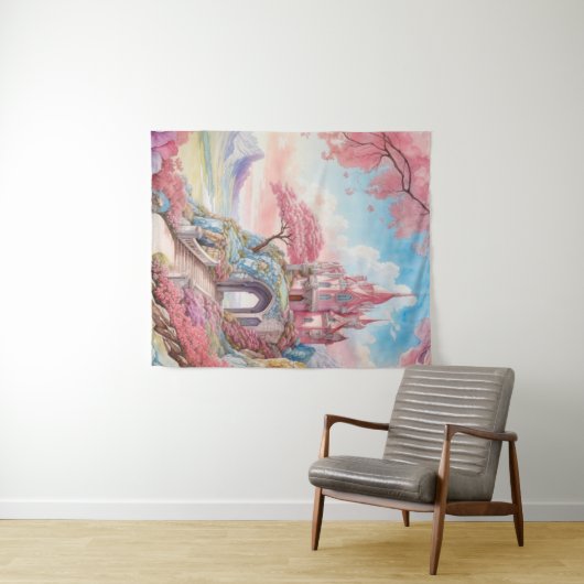 Roze Blauwe Waterverf Fantasy Castle Wall Art Wandkleed (In Situ (horizontaal))