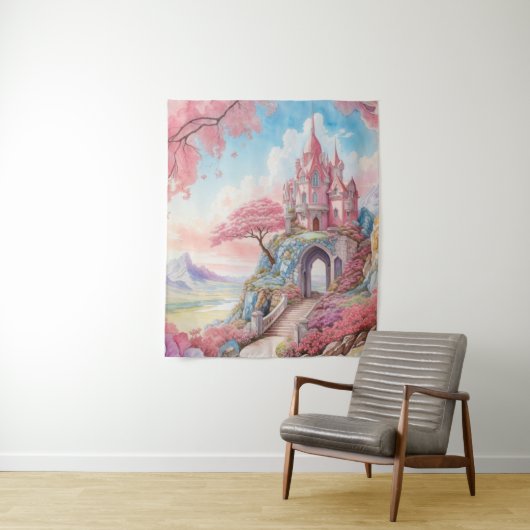 Roze Blauwe Waterverf Fantasy Castle Wall Art Wandkleed (In situ)
