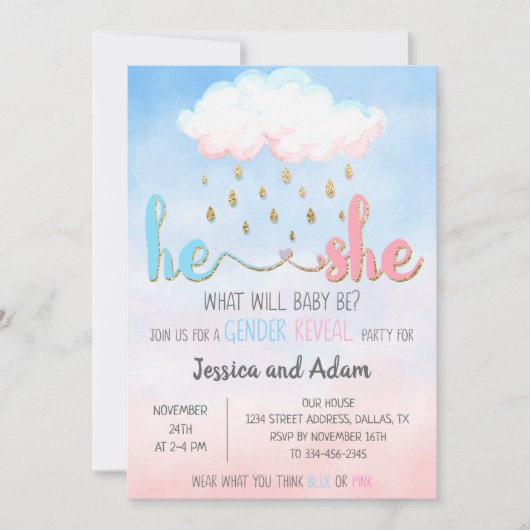 Roze blauwe Waterverf Genderonderzoek Uitnodiging (Voorkant)