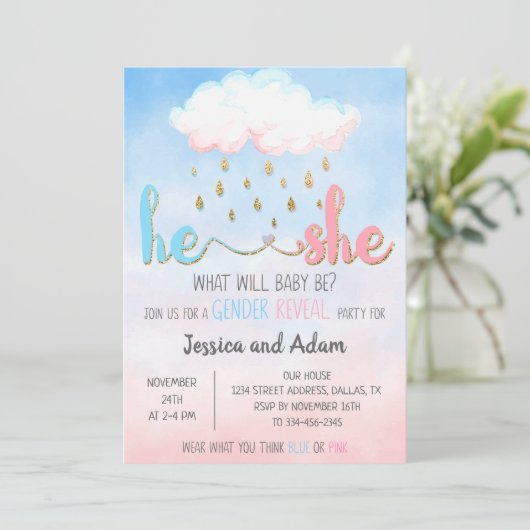 Roze blauwe Waterverf Genderonderzoek Uitnodiging (Staand voorkant)